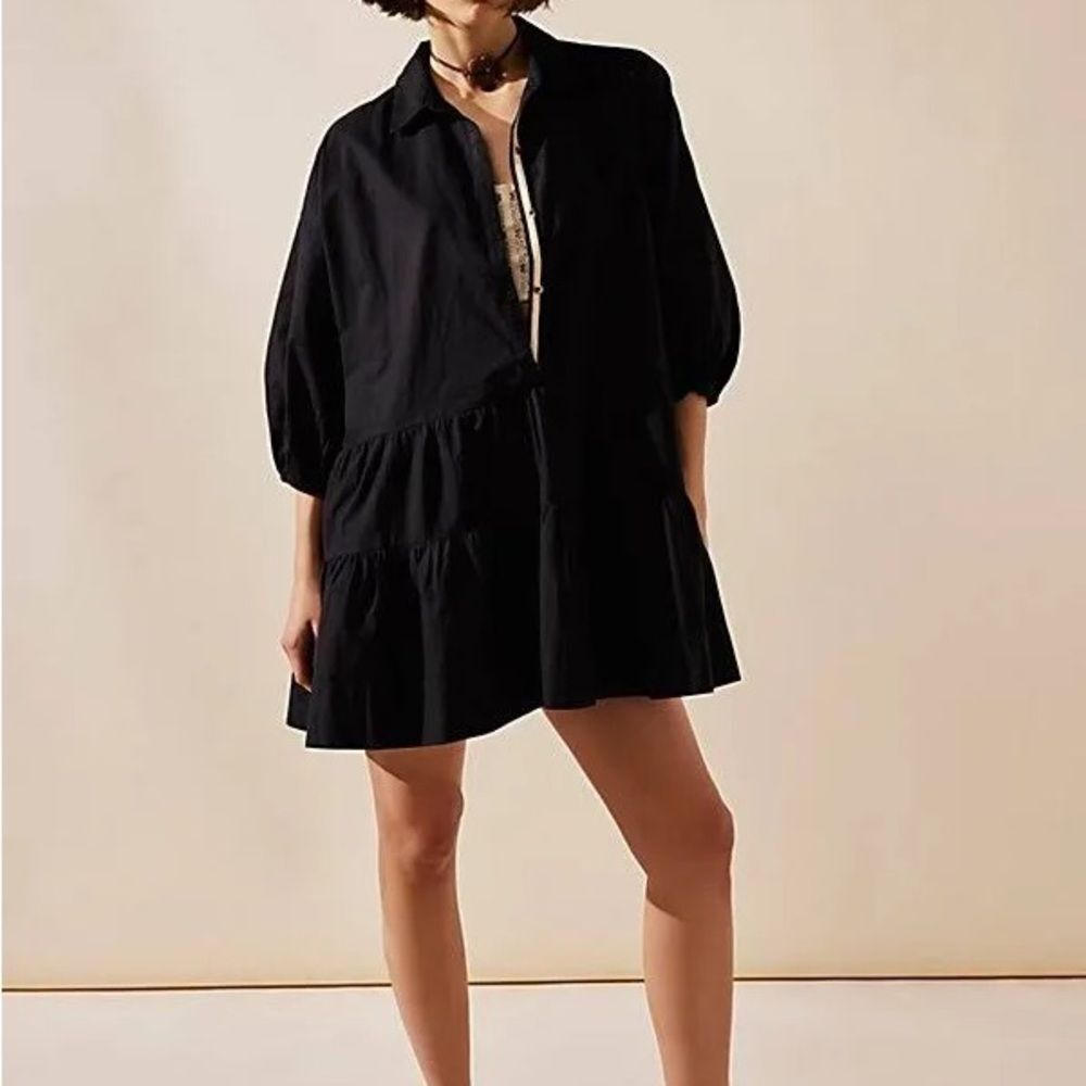 Free People Black Misha Mini Dress Tiered Long Sleeve Button Front Pockets Med - Picture 2 of 8